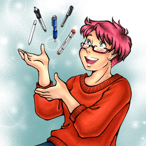 image of person with short pink hair with drawing tools