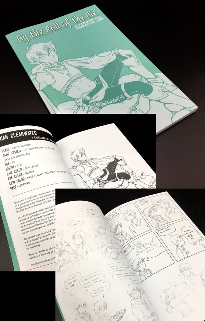 Image of a teal covered book with images inside of drawn characters